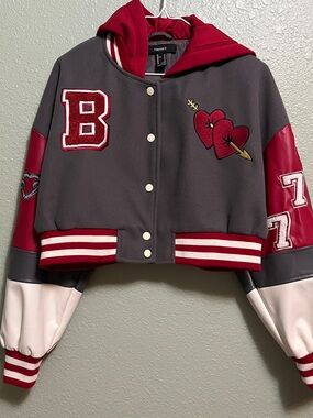 Forever 21 Gray and Red Hooded Varsity Jacket with Heart Patch Sz Medium